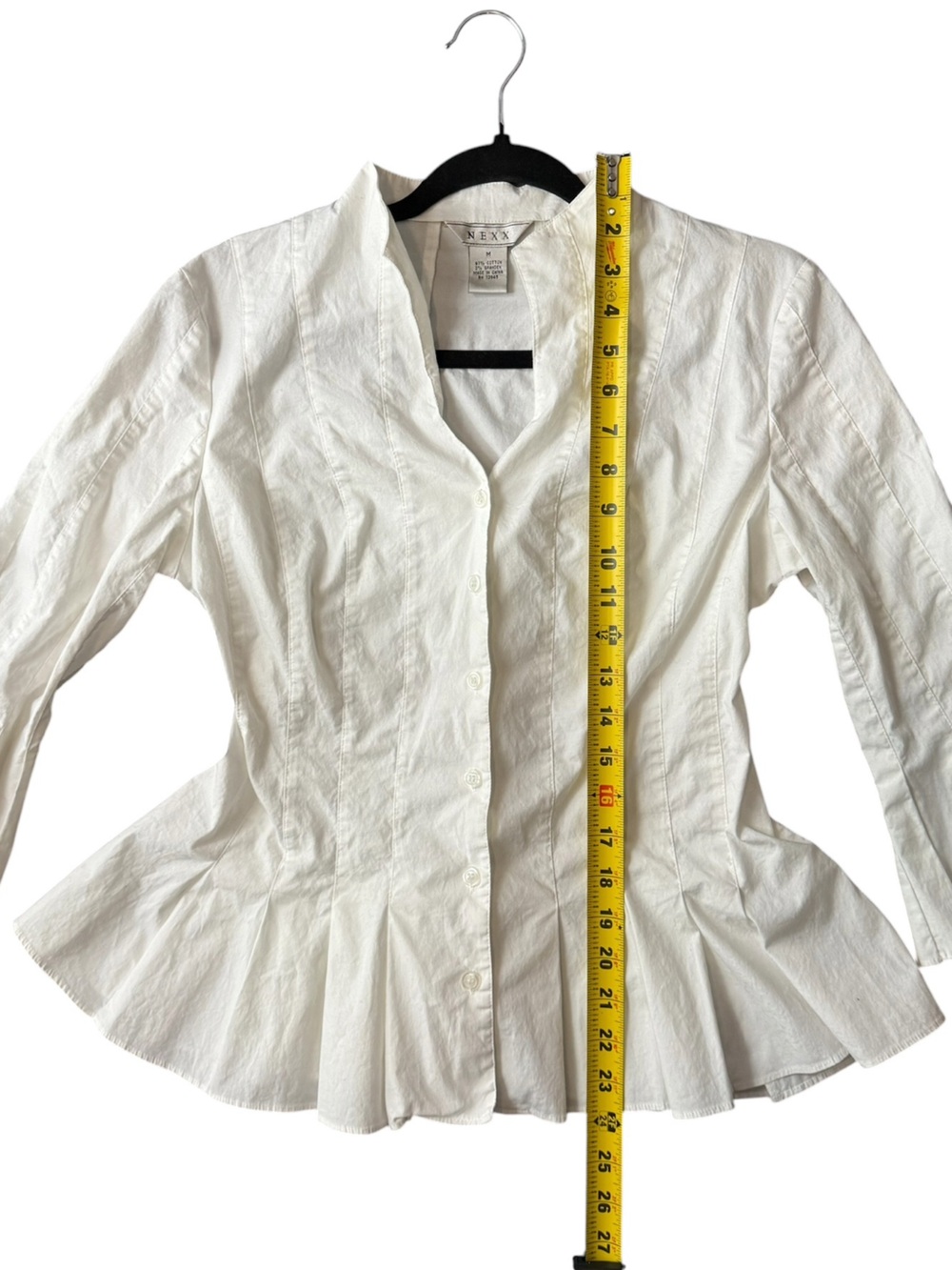 NEXX White Peplum Blouse Bell Sleeve Stretch Cotton Button Front Medium - Picture 6 of 8